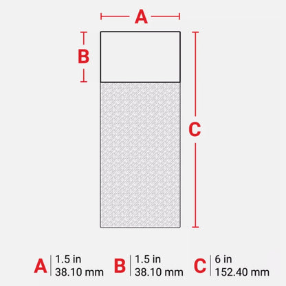 Dimension diagram showing Brady self-laminating label size 1.5 x 6 inches with measurement references