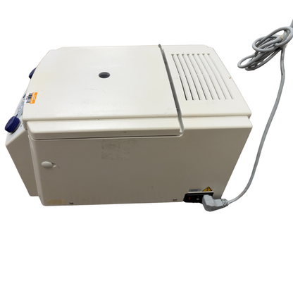 Back and side view of the Eppendorf 5415 R centrifuge highlighting the power switch, attached power cord, and ventilation grilles.
