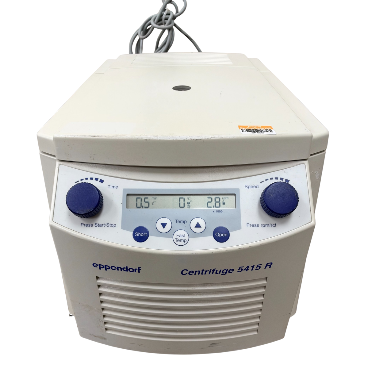 Front view of the Eppendorf 5415 R refrigerated microcentrifuge showing the digital control panel and housing