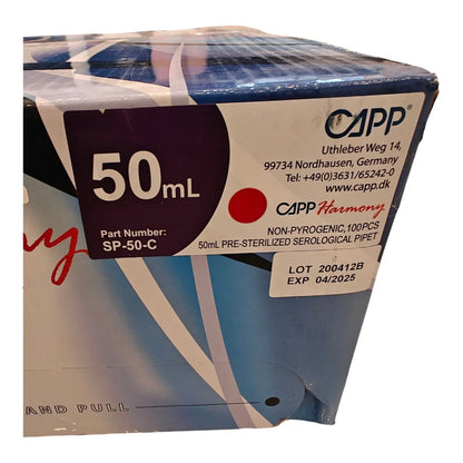 Label on Harmony 50 mL serological pipettes sterile case