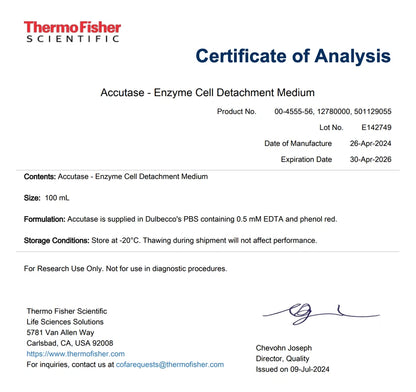 Official Certificate of Analysis for Invitrogen Accutase Enzyme Detachment Medium