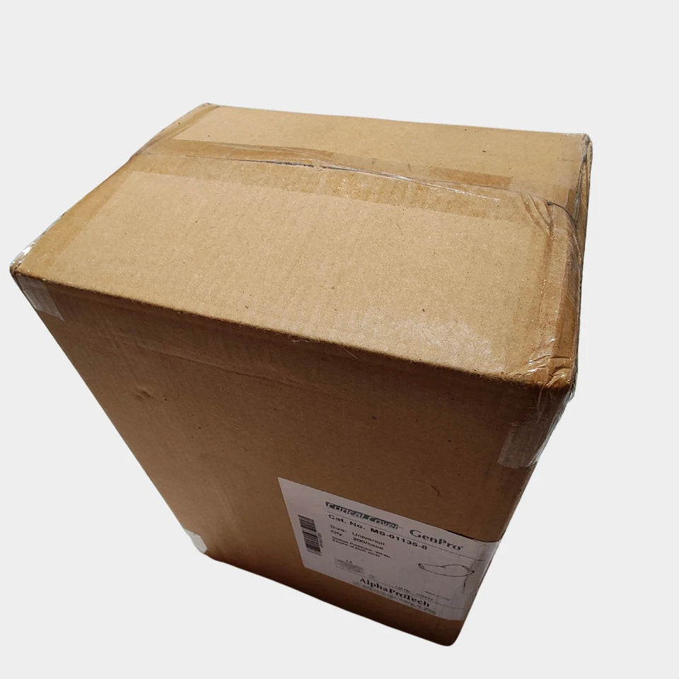 Shipping box containing disposable white protective sleeves