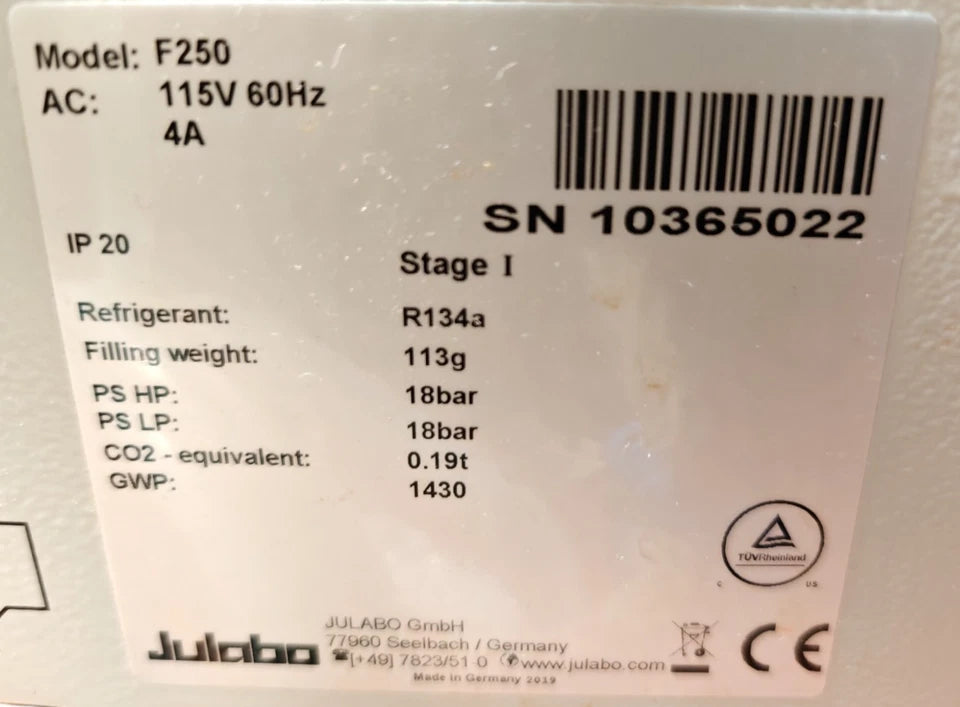 Julabo F250 Recirculating Cooler Chiller -10°C to +40°C PID Control 115V LED