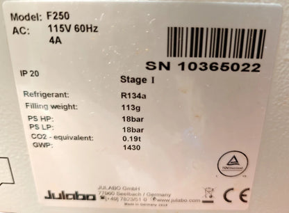 Julabo F250 Recirculating Cooler Chiller -10°C to +40°C PID Control 115V LED