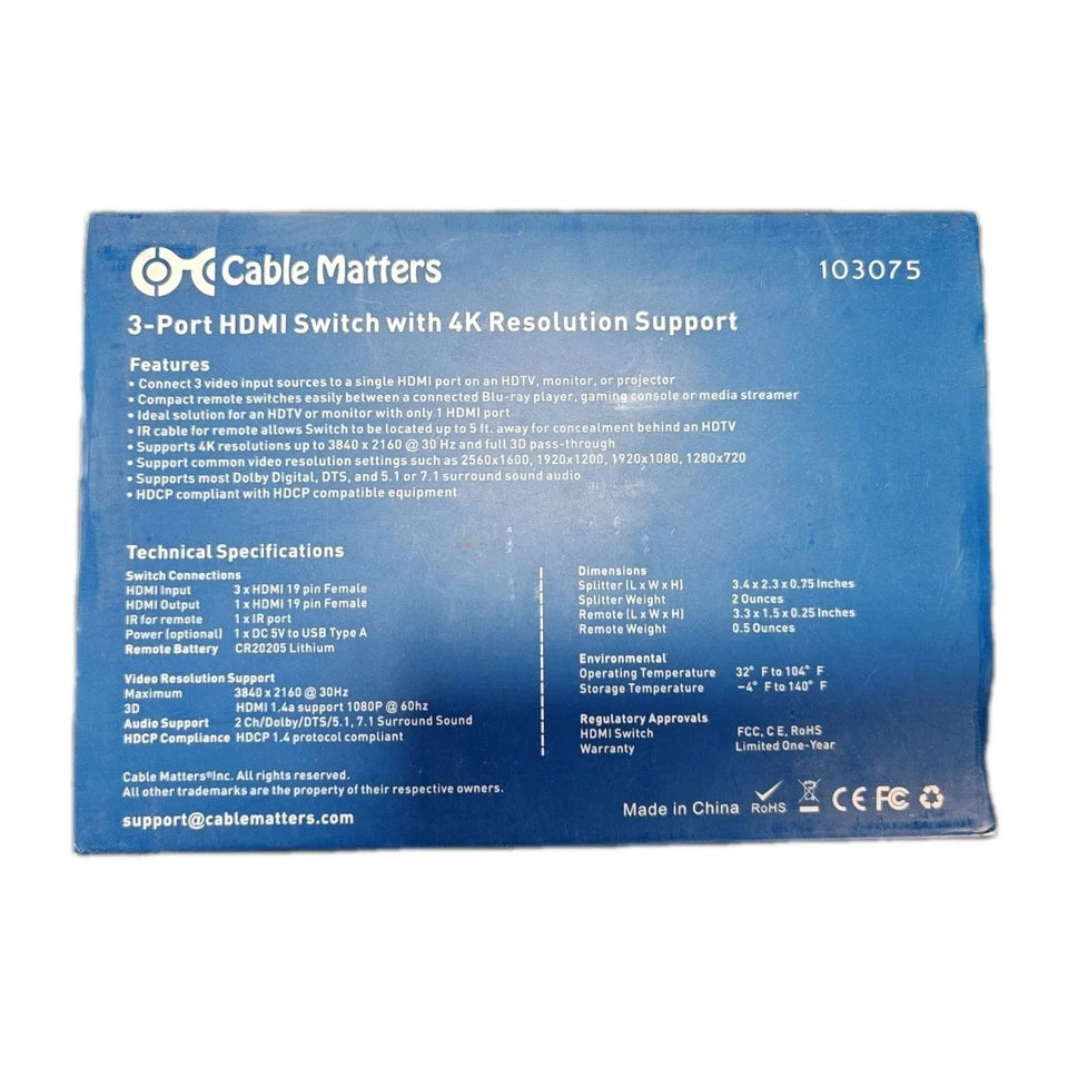 NEW Cable Matters 103075 3-Port HDMI Switch with 4K Resolution Support