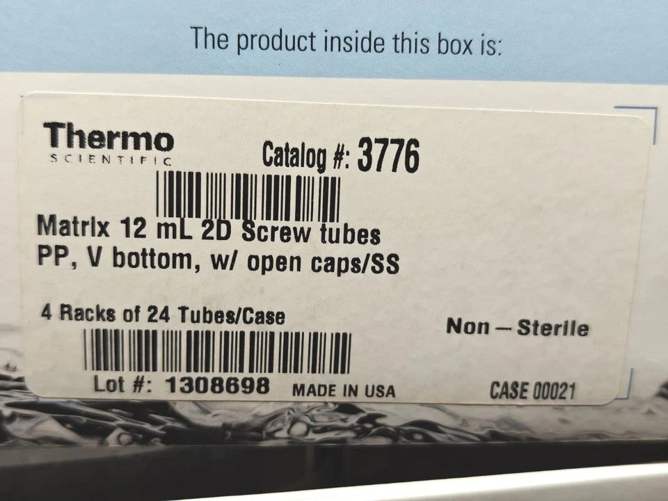 4 Racks of 24 Matrix 12mL 2D Screw Tubes PP, V Bottom, w/ Open Caps/SS CAT# 3776
