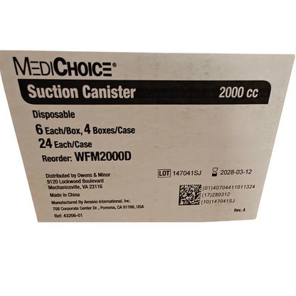 (24 Case) MediChoice 2000cc Disposable Suction Canisters with Lid and 2 Elbows