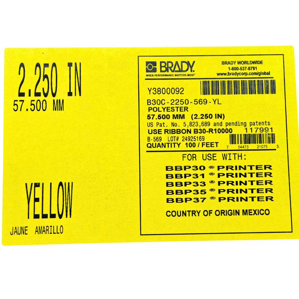 Brady B30C-2250-569-YL Yellow Low-Halide Polyester Label Tape 2.25 in W x 100 ft