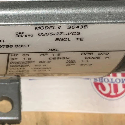 U.S Motors 1.5 HP 3 Phase Energy Efficient AC Motor | 1180 RPM | TEFC [U32E3DC]