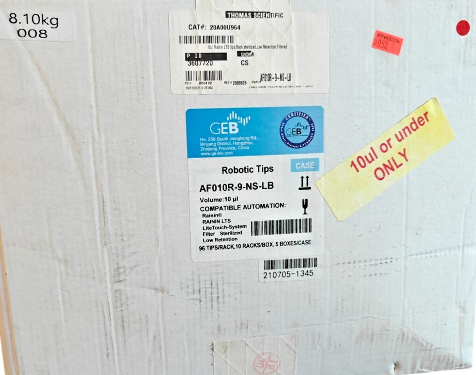 GEB 10µL Robotic Pipette Tips 4800/Case [AF010R-9-NS-LB] Rainin LTS Sterile NEW