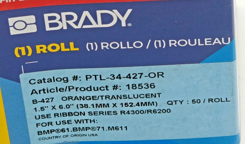 Brady Self-Laminating Orange / Clear Vinyl Labels 6"x1.5" for BMP61, BMP71, M611