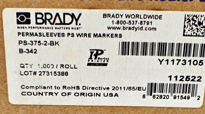 BRADY PS-375-2-BK PermaSleeve Heat-Shrink 1,000/Roll Wire & Cable Labels | Black