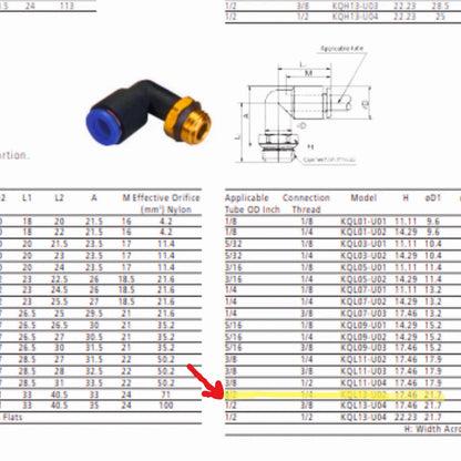 Dimension diagram for SMC KQL13 series male elbow fitting