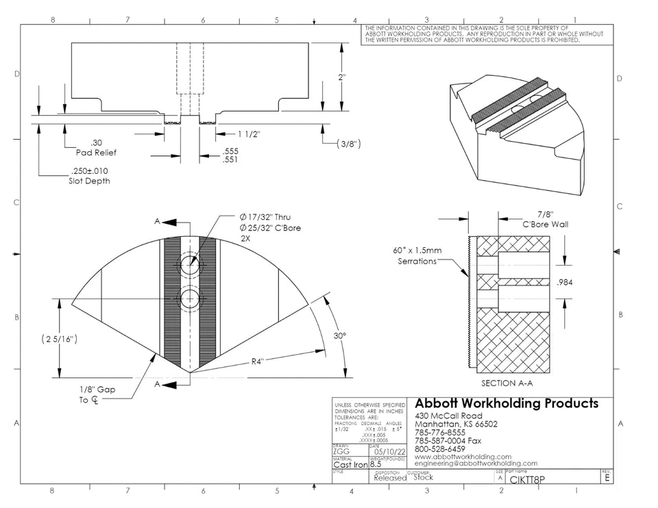 Abbott CIKTT8P 1.5 MM X 60 DEGREE SERRATED PIE JAWS For 8" Chuck Cast Iron