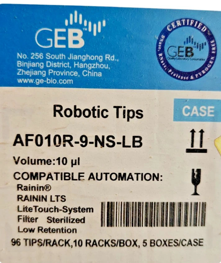 GEB 10µL Robotic Pipette Tips 4800/Case [AF010R-9-NS-LB] Rainin LTS Sterile NEW