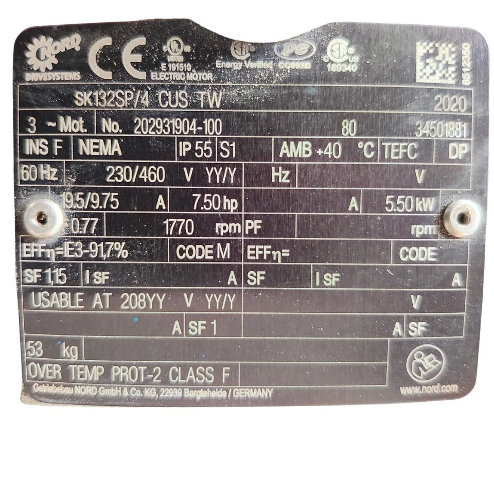 NORDBLOC 7.5 HP 2 Phase Gear Unit / Drive-System W/ Breaker | SK572.1-132SP/4