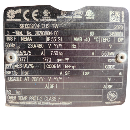 NORDBLOC 7.5 HP 2 Phase Gear Unit / Drive-System W/ Breaker | SK572.1-132SP/4