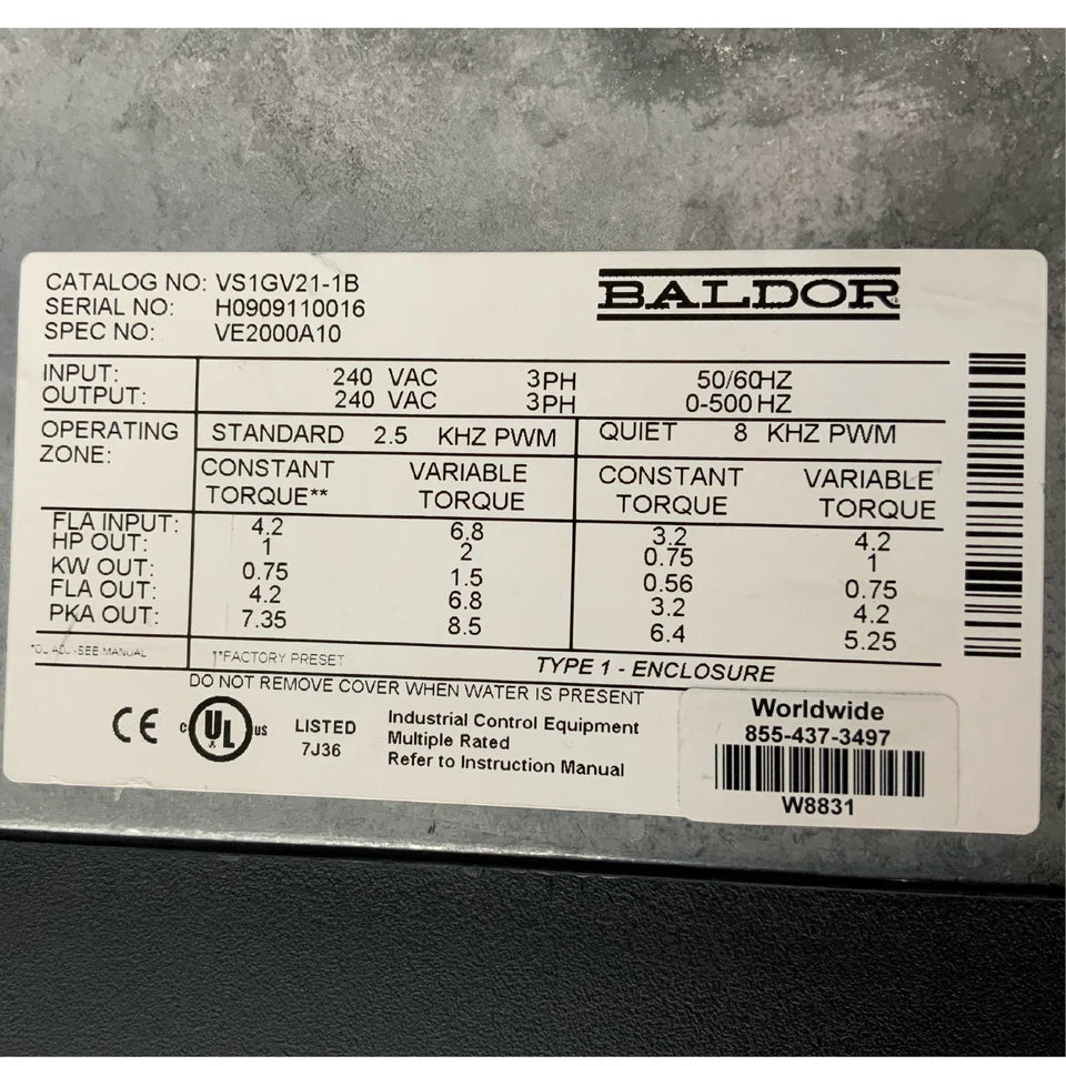 BALDOR VS1GV21-1B 1HP NEMA1 230VAC 3PH High Performance Closed Loop Vector Drive
