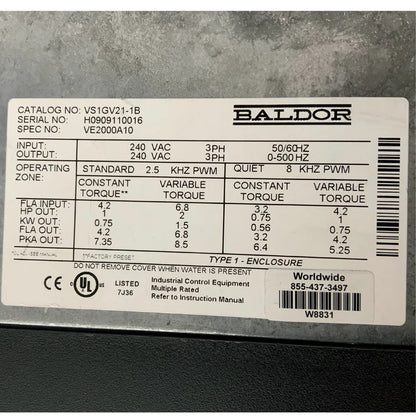 BALDOR VS1GV21-1B 1HP NEMA1 230VAC 3PH High Performance Closed Loop Vector Drive