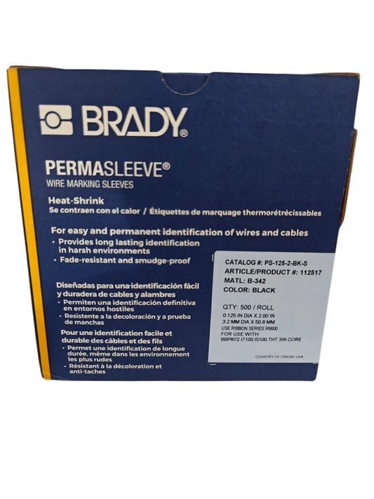 BRADY PermaSleeve [PS-125-2-BK-S] Heat Shrink Wire Marking Sleeves 1/8”, 3” Core