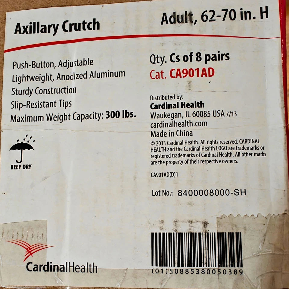 8PK CardinalHealth Adjustable Aluminium Axillary Crutches Adult 62-70 in, 300lbs