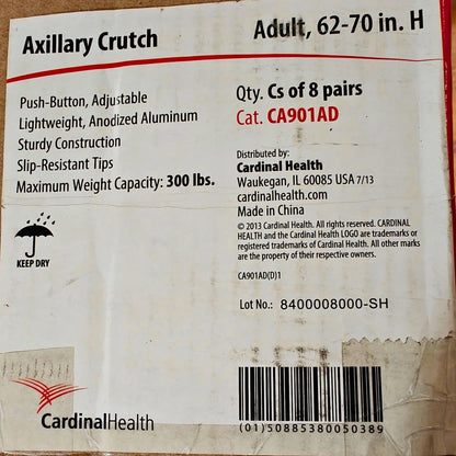 8PK CardinalHealth Adjustable Aluminium Axillary Crutches Adult 62-70 in, 300lbs