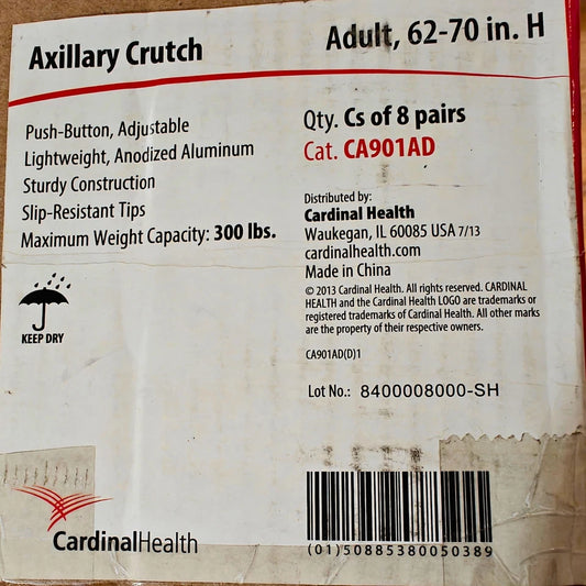 8PK CardinalHealth Adjustable Aluminium Axillary Crutches Adult 62-70 in, 300lbs