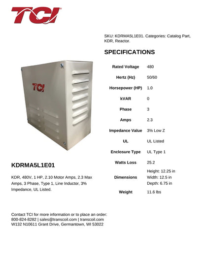 KDRMA5L1E01 Drive Reactor 480V 1HP 2.3A 3-Phase Line Inductor 3% Impedance UL