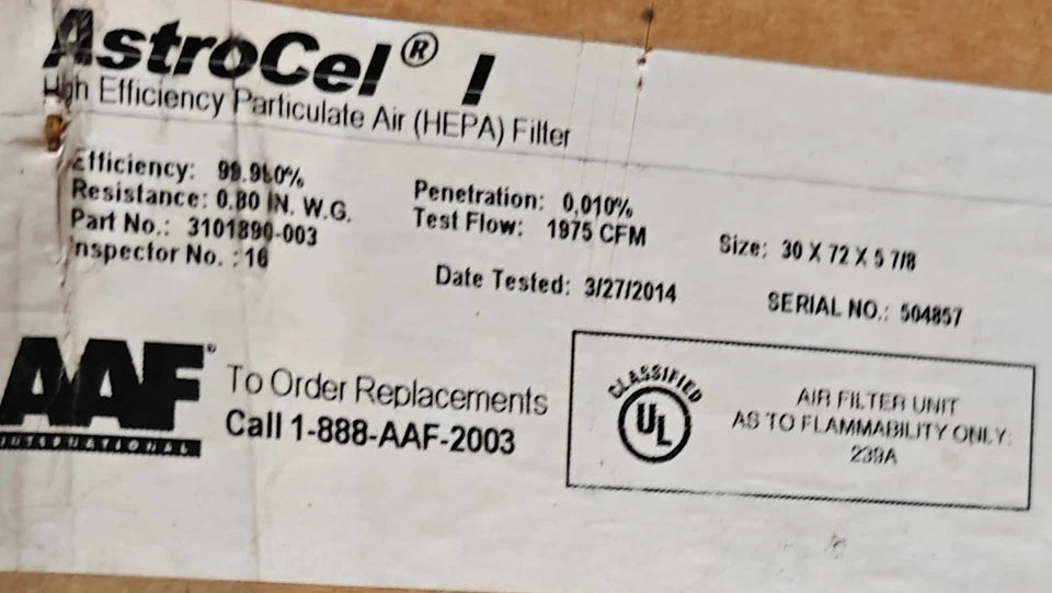 AAF AstroCel I HEPA Filter 30x72x5 7/8 Cleanroom HVAC 99.99% Industrial Grade