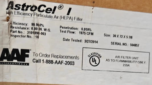 AAF AstroCel I HEPA Filter 30x72x5 7/8 Cleanroom HVAC 99.99% Industrial Grade