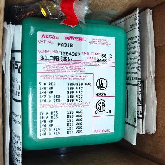 ASCO PA31B Pressure Switch, Adjustable Deadband, Watertight, 125/250 VAC, 50°C