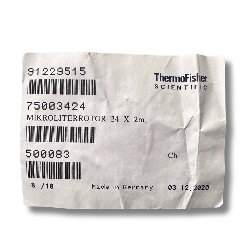 Thermo Scientific 75003424 microliter rotor product label showing barcode model number and manufacturing details
