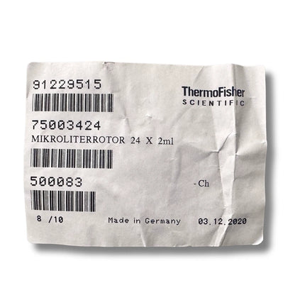 Thermo Scientific 75003424 microliter rotor product label showing barcode model number and manufacturing details